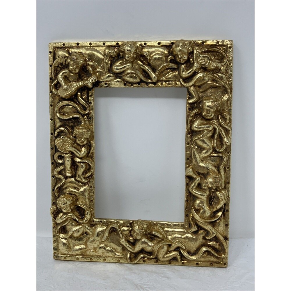 VTG Gold Gilt Cherub Angel Resin Picture Frame Ornate ~8x6 For 5x3.5 Photo